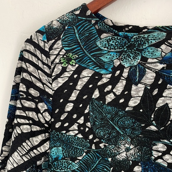 Magic Women’s One Size Top Floral 3/4 Sleeve Mesh Asymmetrical Hem Black Blue - Picture 6 of 12